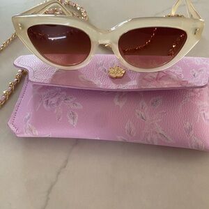 LoveShackFancy Cream Cat-Eye Sunglasses with Pink Floral Chain Case